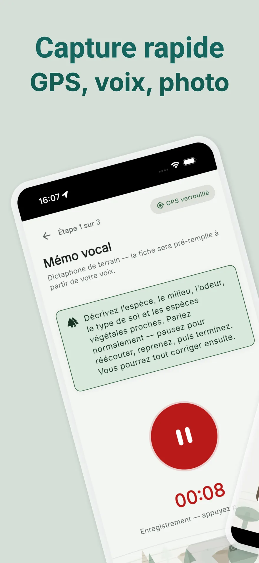 Capture rapide Kabar : mémo vocal avec GPS verrouillé