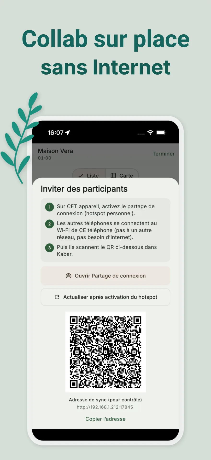 Invitation collab par QR code sur hotspot local
